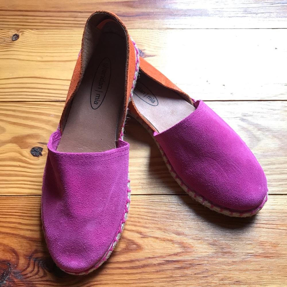 Sheridan Mia Pink Orange Leather Espadrilles Flats, EUC, 8.5/39